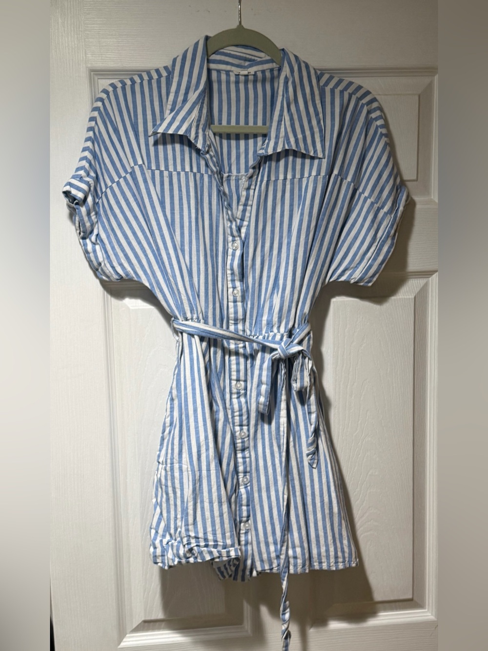 Blue and White Striped Button-Front Shirt Dress, medium